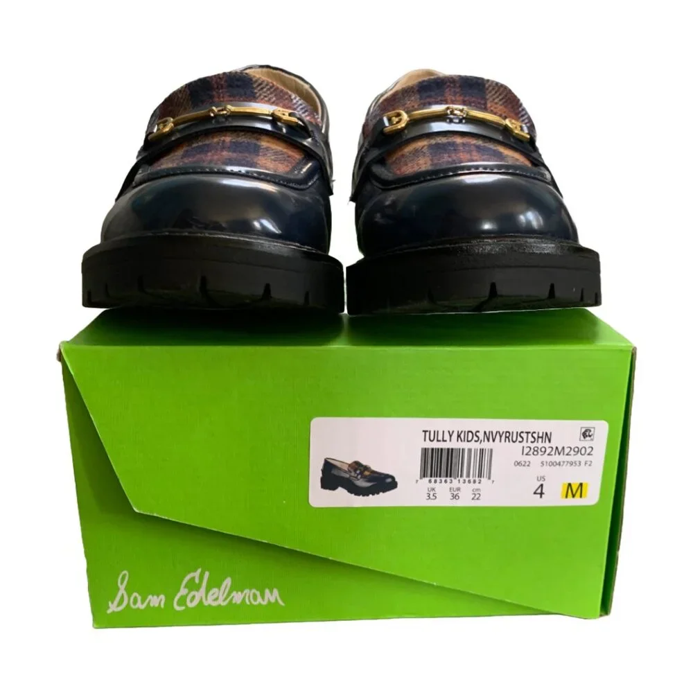 NWT SAM EDELMAN Kids Baltic Navy & Rust Tully Lug Sole Plaid Loafers Sz 4 - Picture 6 of 6